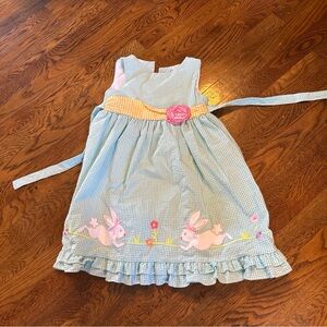 Girls mint Gingham Bunny Appliqué Dress with Yellow Waistband
